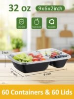 60 Sets 32oz Meal Prep Containers 2 Compartment - Plastic Food Storage Containers 2 Compartments with Lids - Image 3