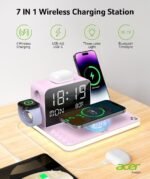 Acer 7-in-1 Wireless Charging Station with LED Clock - 30W Fast Wireless Charger for iPhone 16/15/14/13/12/Pro Max, Apple Watch, AirPods - Bluetooth Auto Time Sync & Night Lights (Purple) - Image 3
