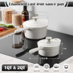 E-far Sauce Pan Set with Lid, 1Qt & 2Qt Enameled Cast Iron Pot Sets for Kitchen Cooking, Small Heavy Duty Dutch Oven Saucepans & Self-basting Lids, Induction-Ready & Easy Clean, White - Image 3