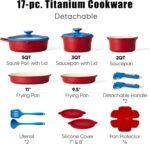 CAROTE 17Pcs Titanium Cookware Set, Pots and Pans Set Non Stick, Kitchen Cooking Set with Detachable Handle, Non Toxic Induction Cookware, Dishwasher/Oven Safe，Memphis Design - Image 3