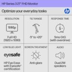 HP Series 3 27 inch FHD Monitor, Full HD Display (1920 x 1080), IPS Panel, 1300:1 Contrast Ratio, 250 Nits, Eye Ease with Eyesafe Certification, Black, 327se (2025) - Image 3