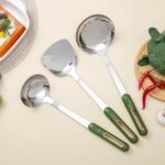 FJNATINH Wok Spatula and Ladle Skimmer Spoon - Stainless Steel Cooking Utensils Set of 3,Kitchen Wok Utensils Set,Green Handle - Image 3