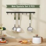 FJNATINH Wok Spatula and Ladle Skimmer Spoon - Stainless Steel Cooking Utensils Set of 3,Kitchen Wok Utensils Set,Green Handle - Image 4