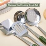 FJNATINH Wok Spatula and Ladle Skimmer Spoon - Stainless Steel Cooking Utensils Set of 3,Kitchen Wok Utensils Set,Green Handle - Image 6