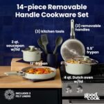 GoodCook Ceramic Cookware Set 14-Piece with Removable Handles, Nonstick Pots & Pans, Induction & Oven Safe, Sage Green - Image 3