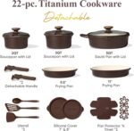 CAROTE 22Pcs Titanium Cookware Set, Pots and Pans Set Non Stick, Kitchen Cooking Set with Detachable Handle, Non Toxic Induction Cookware, Dishwasher/Oven Safe, Browm - Image 3