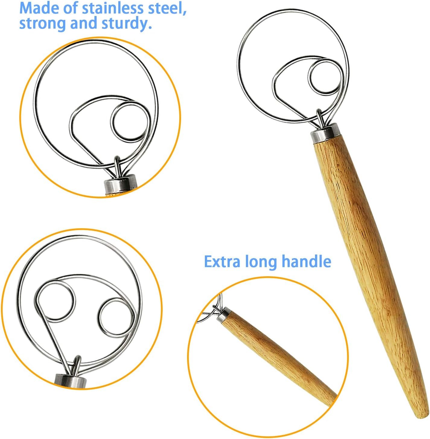 ​Listenman Danish Dough Whisk Bread Mixer & Egg Whisk Kits, 2 Pack Premium Stainless Steel Dutch & 1 Pack Hand Push Rotary Blender for Pastry Pizza Dough, with a Dough Scraper for Bread​ - Image 3