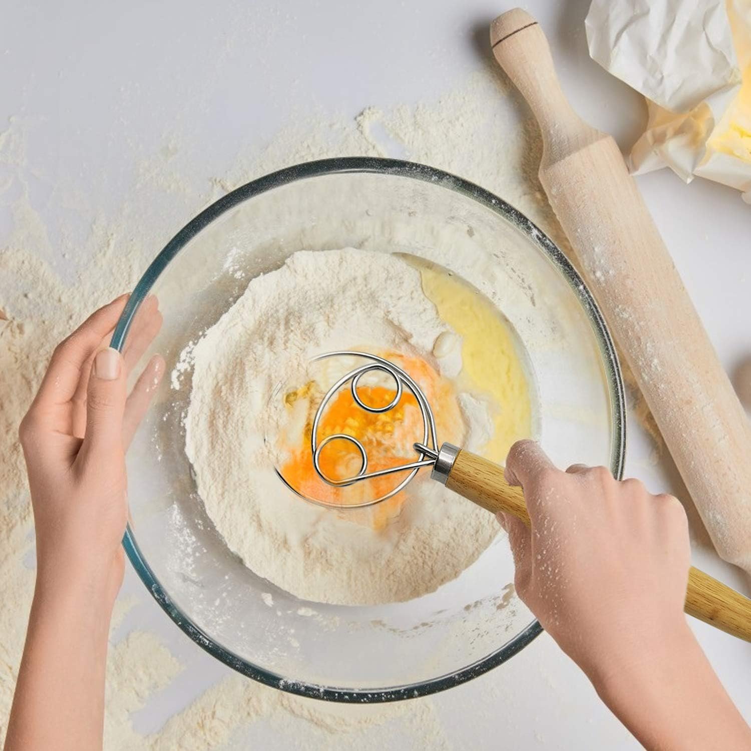 ​Listenman Danish Dough Whisk Bread Mixer & Egg Whisk Kits, 2 Pack Premium Stainless Steel Dutch & 1 Pack Hand Push Rotary Blender for Pastry Pizza Dough, with a Dough Scraper for Bread​ - Image 4