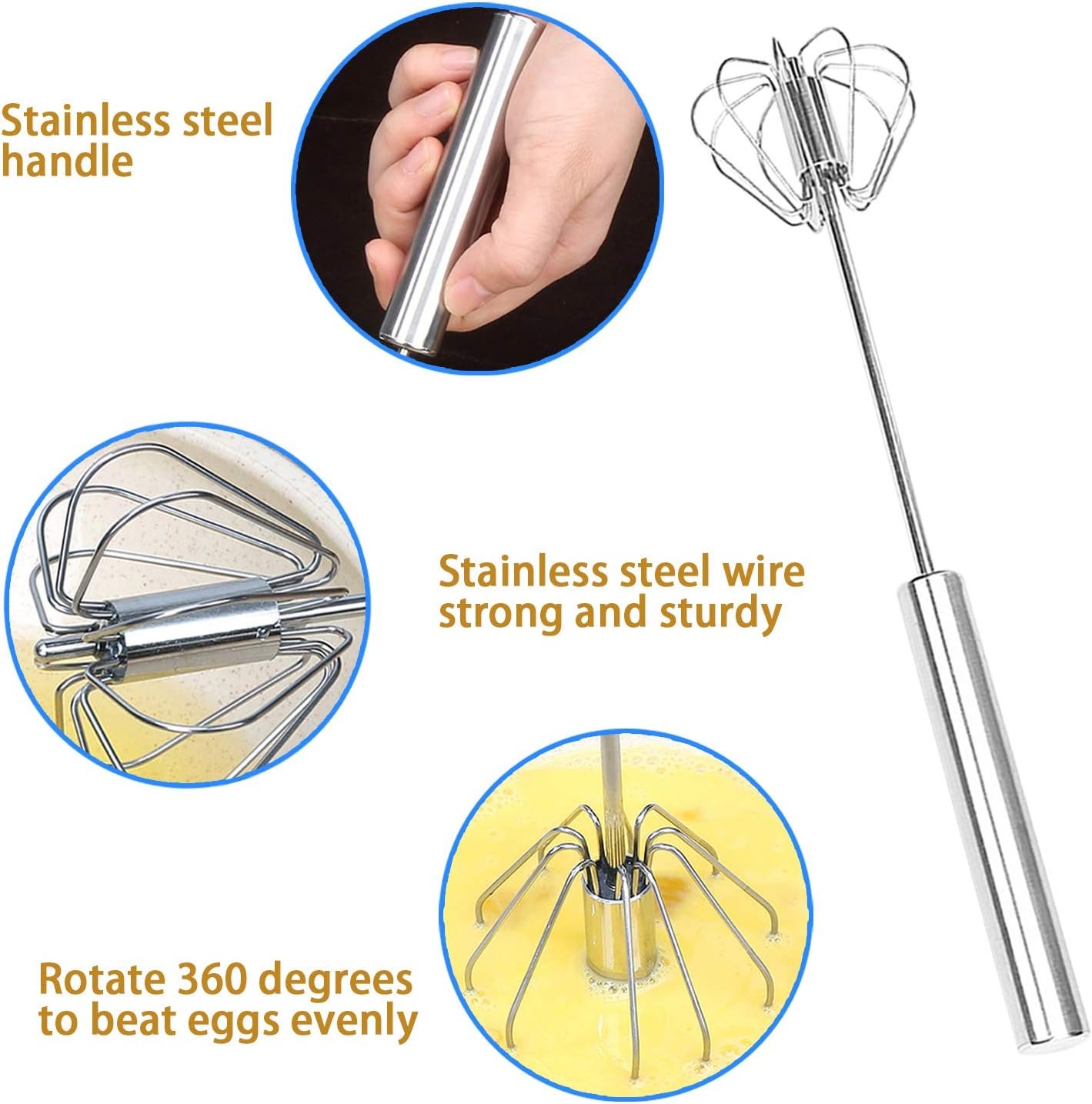 ​Listenman Danish Dough Whisk Bread Mixer & Egg Whisk Kits, 2 Pack Premium Stainless Steel Dutch & 1 Pack Hand Push Rotary Blender for Pastry Pizza Dough, with a Dough Scraper for Bread​ - Image 6