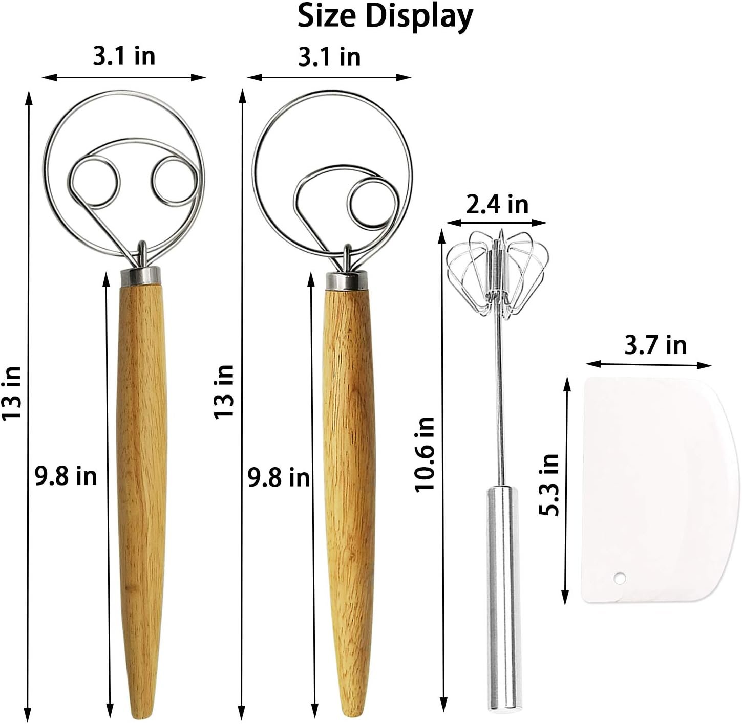 ​Listenman Danish Dough Whisk Bread Mixer & Egg Whisk Kits, 2 Pack Premium Stainless Steel Dutch & 1 Pack Hand Push Rotary Blender for Pastry Pizza Dough, with a Dough Scraper for Bread​ - Image 8