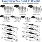 Magnetic Measuring Cups & Spoons Set, Strong N45 Magnets, Heavy Duty Stainless Steel Fits in Spice Jars for Baking & Cooking, BPA Free, Round Set of 15 with Leveler,Dark Black - Image 4
