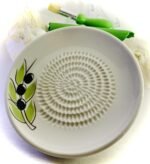 All-in-one Premium Ceramic Garlic Grater Plate 4-Piece Set - White Olive Design, Classic Style - For Garlic, Ginger, Chocolate, and more! - Comes with 5.25" Plate, Peeler, Brush, and Stand - Image 4