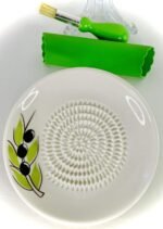 All-in-one Premium Ceramic Garlic Grater Plate 4-Piece Set - White Olive Design, Classic Style - For Garlic, Ginger, Chocolate, and more! - Comes with 5.25" Plate, Peeler, Brush, and Stand - Image 7