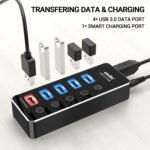 Powered USB Hub, atolla Aluminum 5-Port USB 3.0 Hub with 4 USB 3.0 Data Ports and 1 USB Smart Charging Port, USB Splitter with 5V/3A Power Adapter and Individual Switches - Image 4
