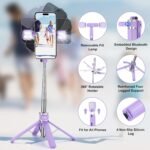 MQOUNY Mini iPhone Tripod Stand & Selfie Stick with Wireless Remote & Removable Light, Extendable Stand 360 Rotation Compatible with iPhone & Android Samsung (Purple) - Image 3