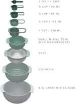 Joseph Joseph Nest 9 Plus, 9 Piece Compact Food Preparation Set with Mixing Bowls, Measuring cups, Sieve and Colander, Editions Range, Sage Green - Image 3