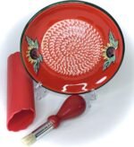 All-in-one Premium Ceramic Garlic Grater Plate 4-Piece Set - Red Sunflower Design, Classic Style - For Garlic, Ginger, Chocolate, and more! - Comes with 5.25" Plate, Peeler, Brush, and Stand - Image 3