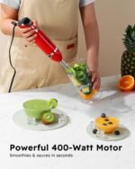 Sangcon Immersion Blender Handheld, 3-in-1 Hand Blender Electric, 400W Handheld Blender, Stainless Steel Blade Stick Blender with Whisk, Milk Frother Attachments - Red - Image 3