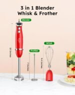 Sangcon Immersion Blender Handheld, 3-in-1 Hand Blender Electric, 400W Handheld Blender, Stainless Steel Blade Stick Blender with Whisk, Milk Frother Attachments - Red - Image 5