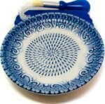 All-in-one Premium Ceramic Garlic Grater Plate 4-Piece Set - Blue Embossed Design and Style - For Garlic, Ginger, Chocolate, and more! - Comes with 5.25" Plate, Peeler, Brush, and Stand - Image 3