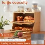 GHWIE Double Layer Bamboo Bread Box for Kitchen Counter,Large Capacity Bread Storage Bin,Bread Container with Acrylic Wavy Door Panel (Natural, Medium) - Image 3