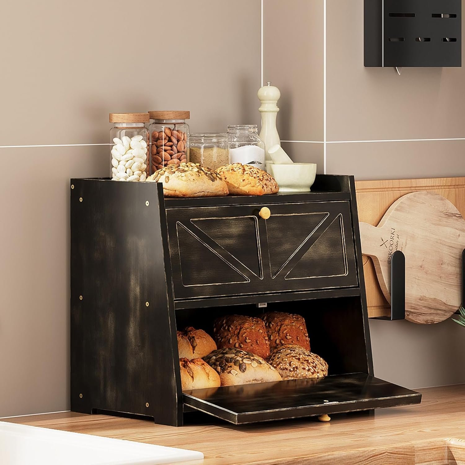 Vintage Double Layer Bread Box for Kitchen Counter Bamboo Bread Storage Container Large Capacity Bread Storage Bin (Antique Black) - Image 3