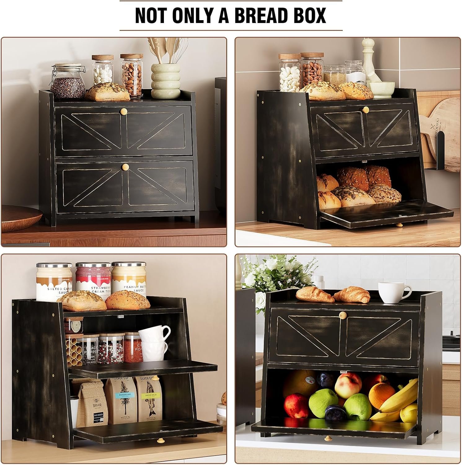Vintage Double Layer Bread Box for Kitchen Counter Bamboo Bread Storage Container Large Capacity Bread Storage Bin (Antique Black) - Image 7