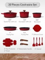 CAROTE 20Pcs Titanium Cookware Set, Pots and Pans Set Non Stick, Kitchen Cooking Set with Detachable Handle, Non Toxic Induction Cookware - Camping Cookware, Dishwasher/Oven Safe, Red - Image 3