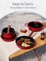 CAROTE 20Pcs Titanium Cookware Set, Pots and Pans Set Non Stick, Kitchen Cooking Set with Detachable Handle, Non Toxic Induction Cookware - Camping Cookware, Dishwasher/Oven Safe, Red - Image 5