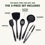 GreenPan 5 Piece Cooking Utensil Set, Flexible Nonstick Silicone, Stain-Free, Tongs, Turner, Spatula, Skimmer, and Slotted Spoon, Black - Image 5