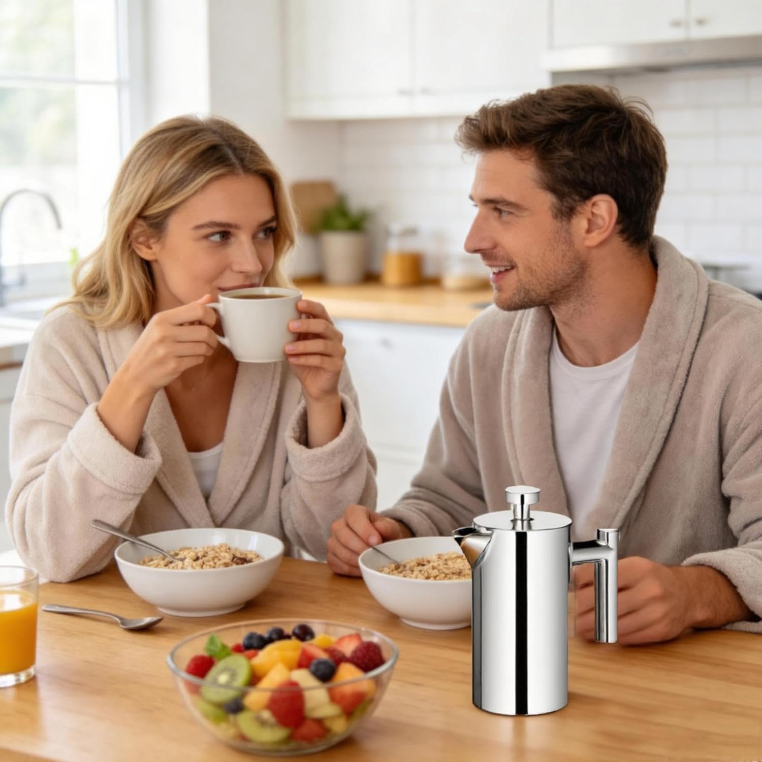 Miuly 21 oz Stainless Steel French Press 600ML Coffee Press with 3 Level Filtration System, Double Wall Insulated French Press with 2 Filters for Home or Office, Silver - Image 3