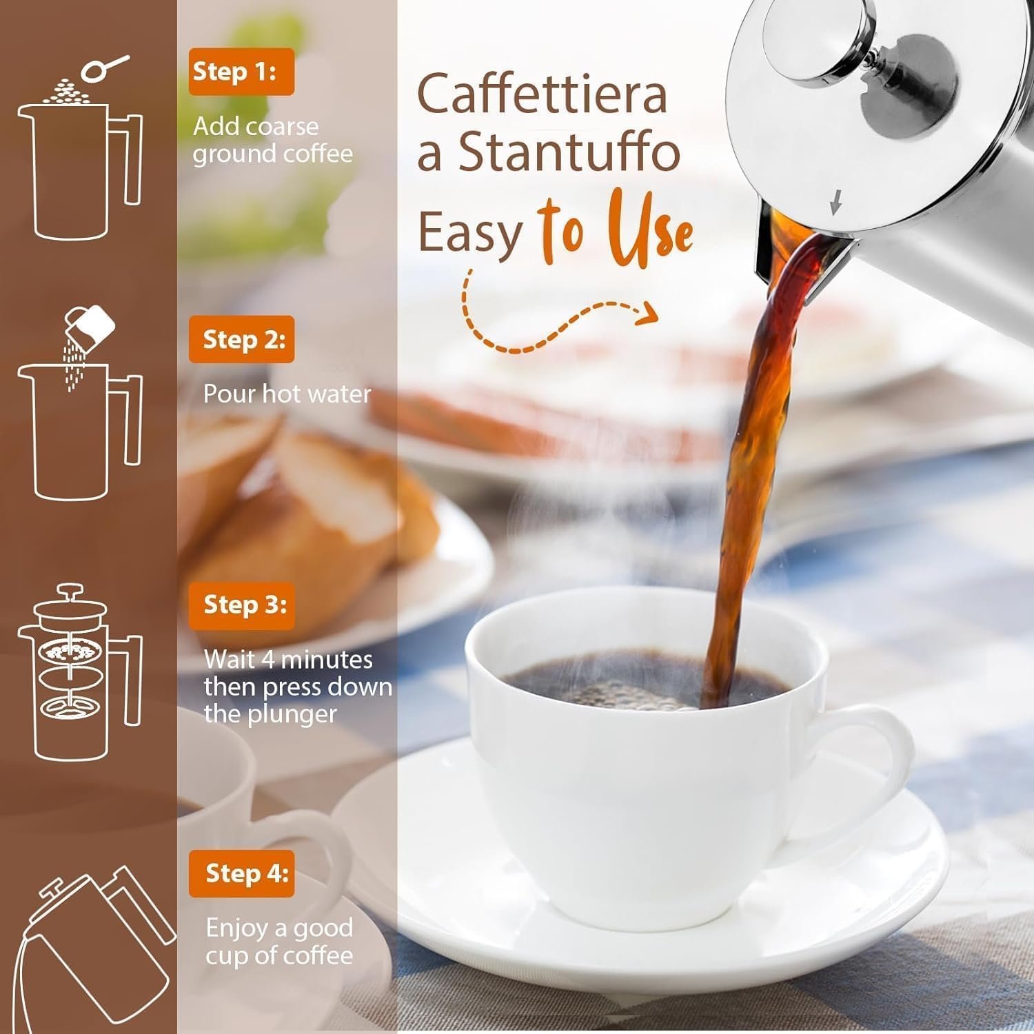 Miuly 21 oz Stainless Steel French Press 600ML Coffee Press with 3 Level Filtration System, Double Wall Insulated French Press with 2 Filters for Home or Office, Silver - Image 4