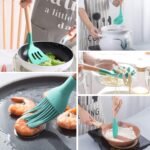 MIBOTE Silicone Cooking Kitchen Utensils Set with Holder, Wooden Handles Cooking Tool BPA Free Turner Tongs Spatula Spoon Kitchen Gadgets Set for Nonstick Cookware (Teal) - Image 5