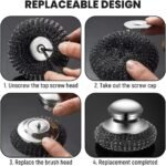 Steel Wool Scrubber with Handle, Upgrade Heavy Duty Stainless Steel Dish Scrubber for Cleaning Dishes, Iron Pots, Stoves, Kitchen Sink (1 pcs) - Image 4
