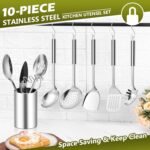 E-far Cooking Utensils Set, 10-Piece Stainless Steel Kitchen Utensils with Holder, Metal Heat Resistant Kitchen Cookware Tool Spatula Set for Cooking, Easy Clean & Dishwasher Safe - Image 6