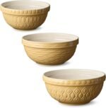 Vintage Farm Stoneware Mixing Bowl Set, 3-Piece, Includes 2 Qt, 3 Qt & 4.25 Qt Bowls, Embossed Patterns in Golden-Honey Finish, Durable & Nesting Design, Perfect for Mixing, Baking & Serving - Image 3