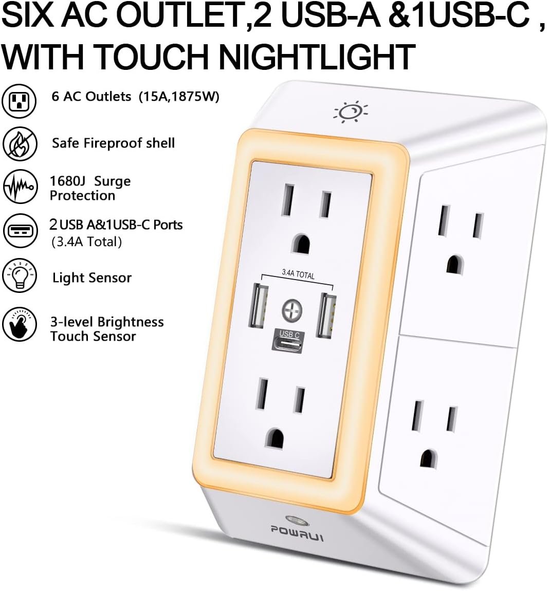 POWRUI Multi Plug 6 Outlet Surge Protector Extender with 3 USB Ports (1 USB C) and Night Light, 3-Sided Power Strip with Adapter Spaced Outlets, ETL Listed, White - Image 3