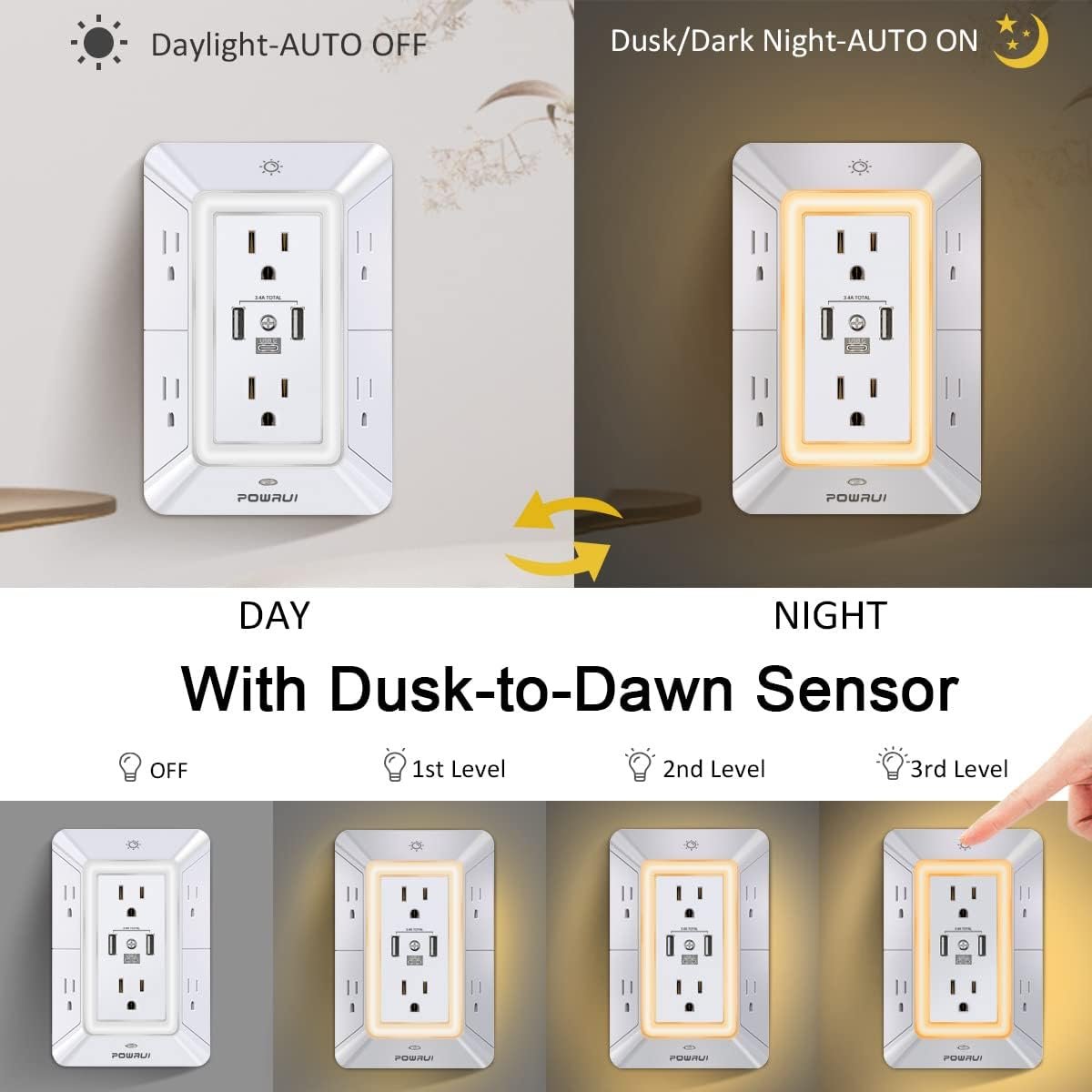 POWRUI Multi Plug 6 Outlet Surge Protector Extender with 3 USB Ports (1 USB C) and Night Light, 3-Sided Power Strip with Adapter Spaced Outlets, ETL Listed, White - Image 4