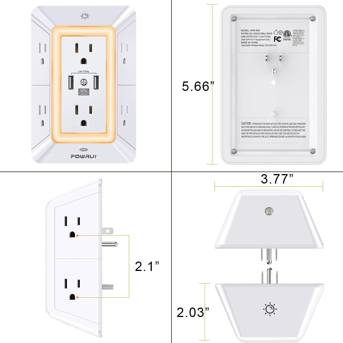 POWRUI Multi Plug 6 Outlet Surge Protector Extender with 3 USB Ports (1 USB C) and Night Light, 3-Sided Power Strip with Adapter Spaced Outlets, ETL Listed, White - Image 6