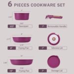 CAROTE Ceramic Pots and Pans Set, Nonstick Cookware Set Detachable Handle, 6pcs Induction Kitchen Cookware Sets Non Stick with Removable Handle, RV Cookware Set, Oven Safe, Purple - Image 3