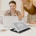 Aluminum Alloy Laptop Cooling Pad with Dual USB Ports Quiet Thin Notebook Cooler Stand for Laptops Up to Ergonomic Angles Skid-Resistant Computer Fan Support Frame in Silver - Image 7