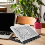 Aluminum Alloy Laptop Cooling Pad with Dual USB Ports Quiet Thin Notebook Cooler Stand for Laptops Up to Ergonomic Angles Skid-Resistant Computer Fan Support Frame in Silver - Image 8