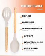 Large Silicone Cooking Spoons, 2 Pack Nonstick Solid and Slotted Wooden handle Spoon Set, Heat Resistan Silicone Kitchen Spoons for Cooking, Serving, Basting, Mixing (Khaki) - Image 4