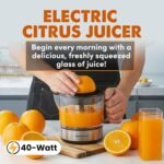 Elite Gourmet ETS623 BPA-Free 40-Watt Electric Citrus Juicer, Compact, Large Volume, Pulp Control, Oranges, Lemons, Limes, Grapefruits with Easy Pour Spout, 24oz, Black/Stainless Steel - Image 4