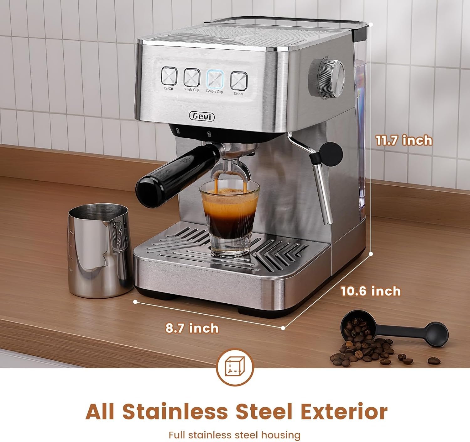 Gevi Espresso Machine with 58mm Portafilter & Milk Frother, 20 Bar Compact Expresso Machines for Home, Professional Espresso Coffee Machines for Cappuccino & Latte, Stainless Steel (Silver) - Image 3