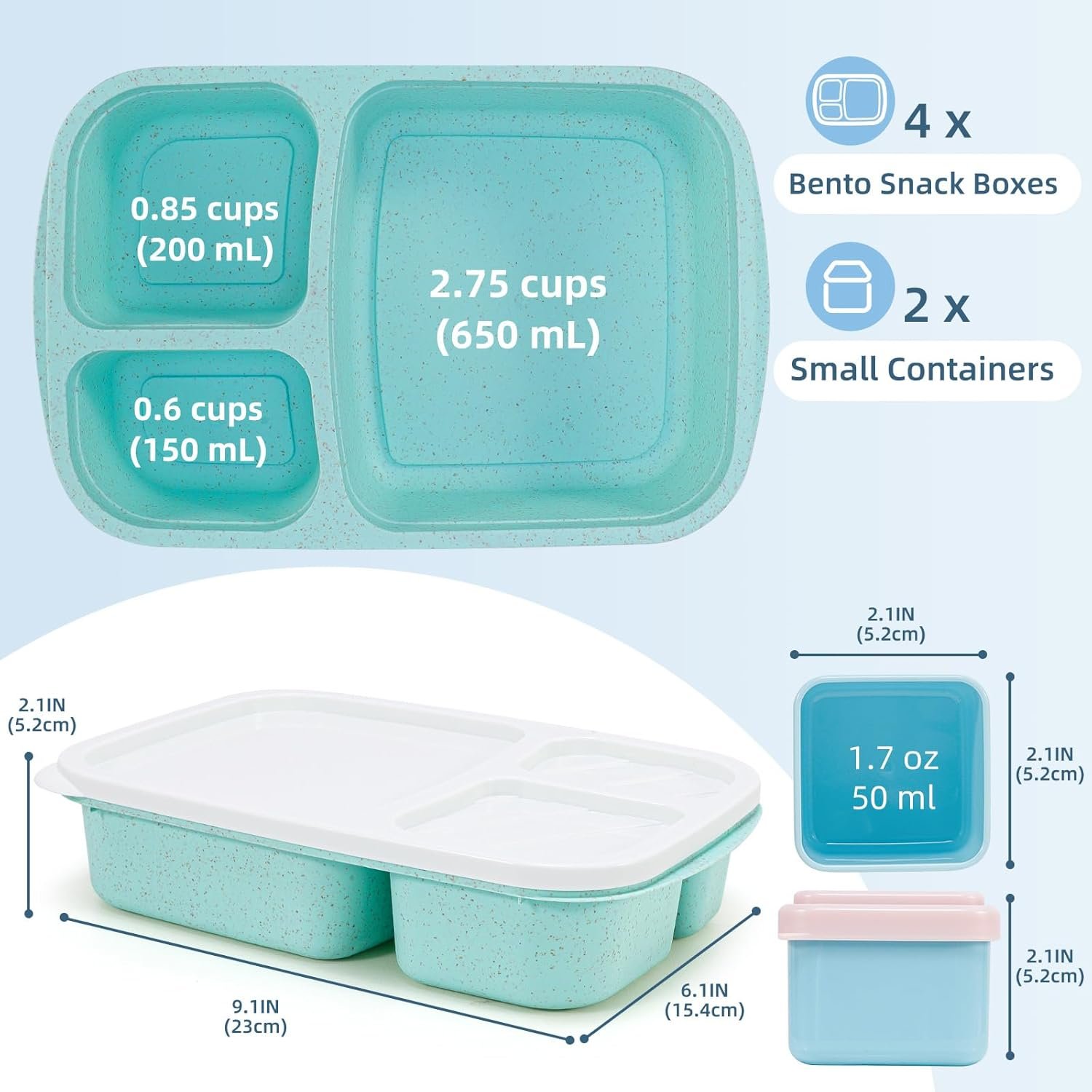 Caperci Bento Lunch Box Containers for Adults & Kids - 3-Compartment Reusable Meal Prep Containers with 2 Sauce Containers for School, Work, Travel, Wheat Straw, 4-Pack (Vintage Colors) - Image 5