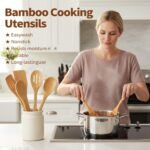 Premium Bamboo Utensils - Smooth Bamboo Spoons for Cooking,Wooden Cooking Utensils Set of 5,Apartment Bamboos Spatula for Nonstick Pan,House Warming Gifts New Home - Image 3