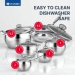 Daniks Classic 12-Piece Stainless Steel Cookware Set with Glass Lids, Includes Saucepan and Frying Pan with Lid, Tri-Ply Bases for Even Heating, Induction Compatible, Dishwasher Safe - Image 4