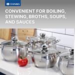 Daniks Classic 12-Piece Stainless Steel Cookware Set with Glass Lids, Includes Saucepan and Frying Pan with Lid, Tri-Ply Bases for Even Heating, Induction Compatible, Dishwasher Safe - Image 6