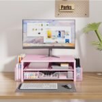 OPNICE Desk Organizers and Accessories, 2-Tier Computer Monitor Stand Riser with Drawer and 2 Pen Holders, Laptop Stand, Office Desk Accessories & Office Decor for Women, Pink - Image 3